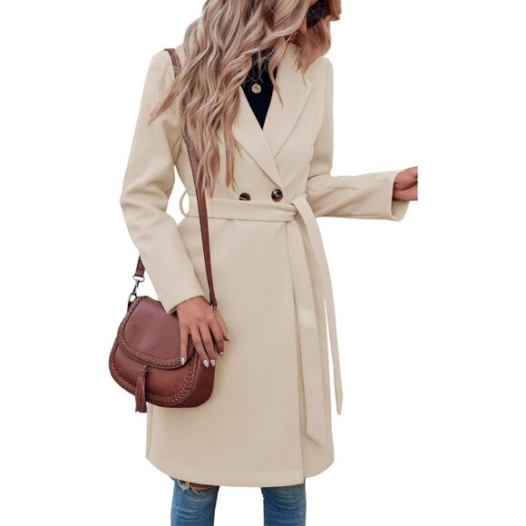 Womens Beige Pea Notched Lapel Double Breasted Business Casual Trench Coats - Picture 2 of 5